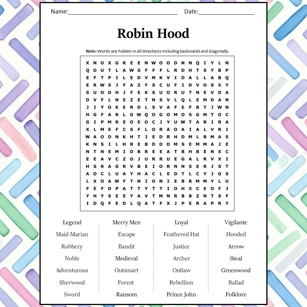 Robin Hood Word Search Puzzle Worksheet Activity PDF