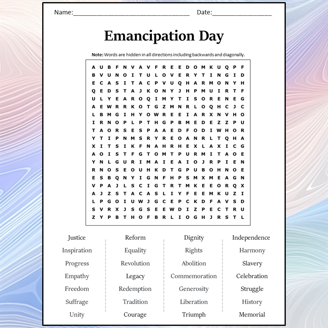 Emancipation Day Word Search Puzzle Worksheet Activity PDF