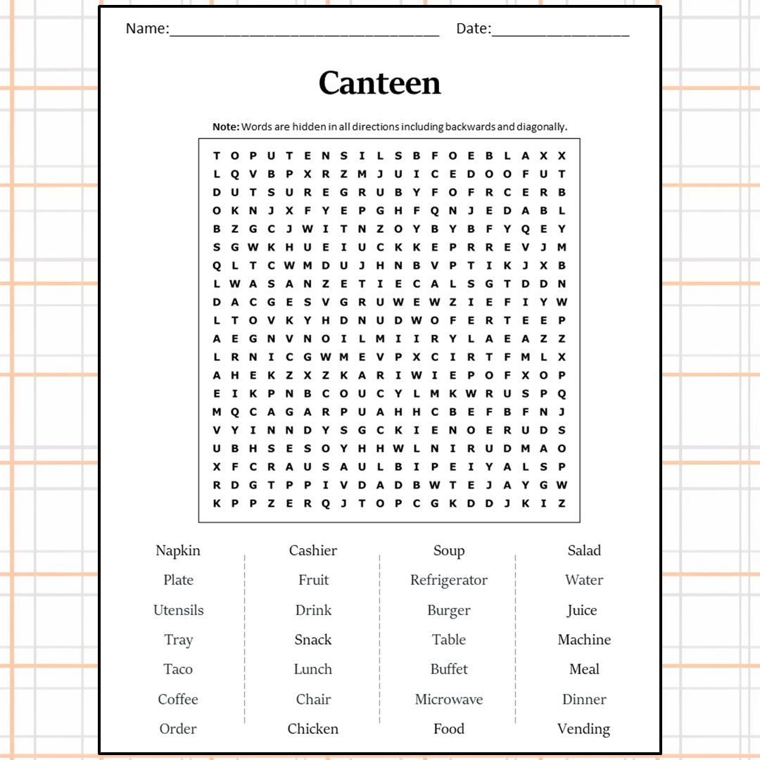 Canteen Word Search Puzzle Worksheet Activity PDF