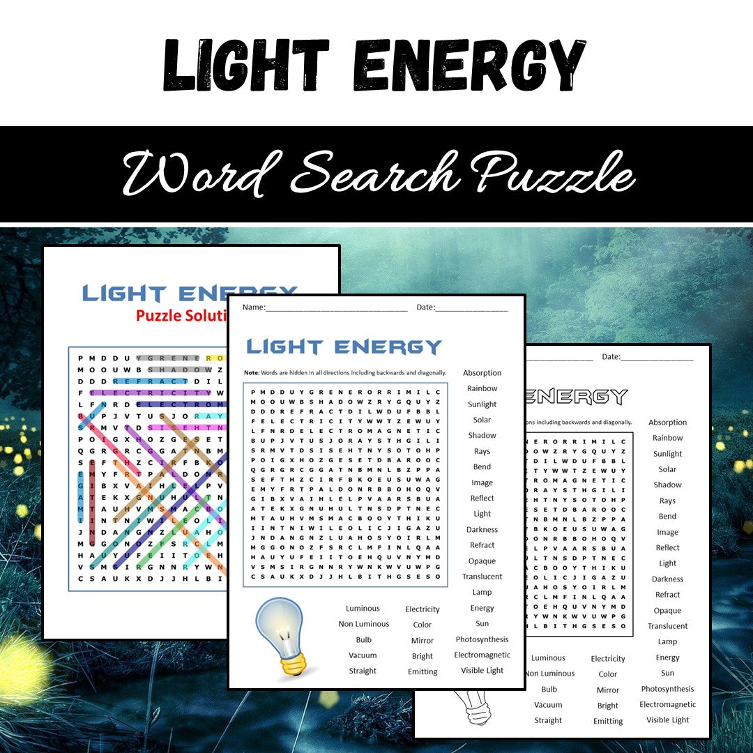 Light Energy Word Search Puzzle Worksheet PDF