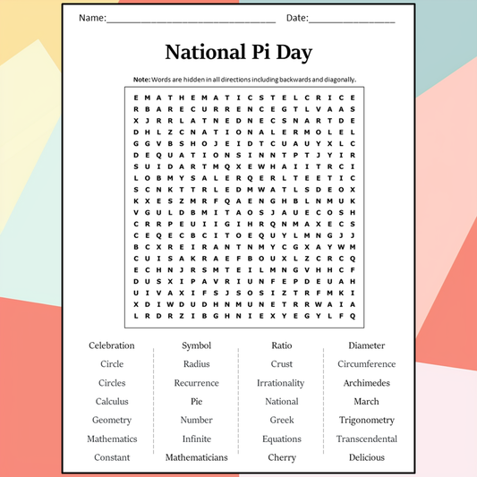 National Pi Day Word Search Puzzle Worksheet Activity PDF