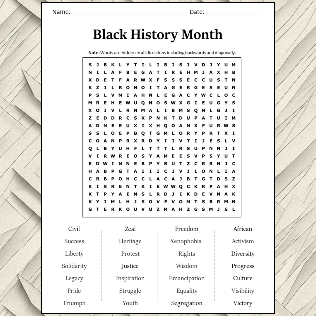 Black History Month Word Search Puzzle Worksheet Activity PDF