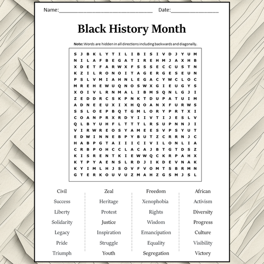 Black History Month Word Search Puzzle Worksheet Activity PDF