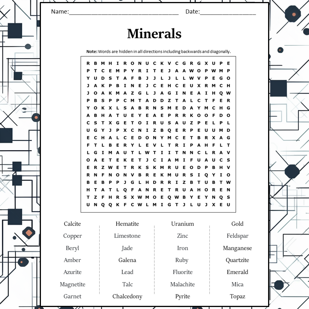 Minerals Word Search Puzzle Worksheet Activity PDF