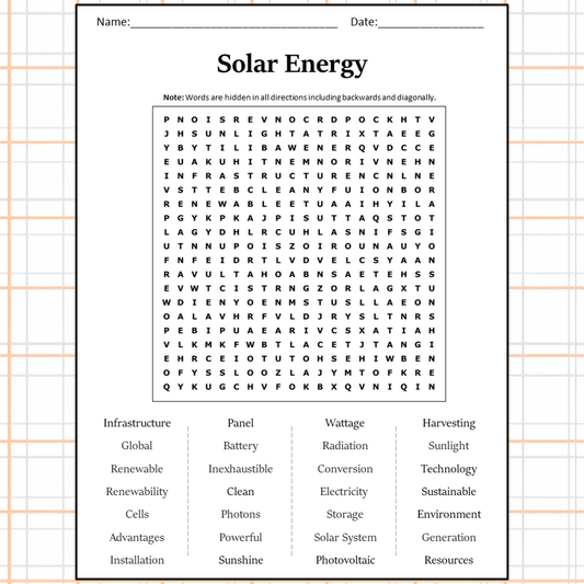 Solar Energy Word Search Puzzle Worksheet Activity PDF