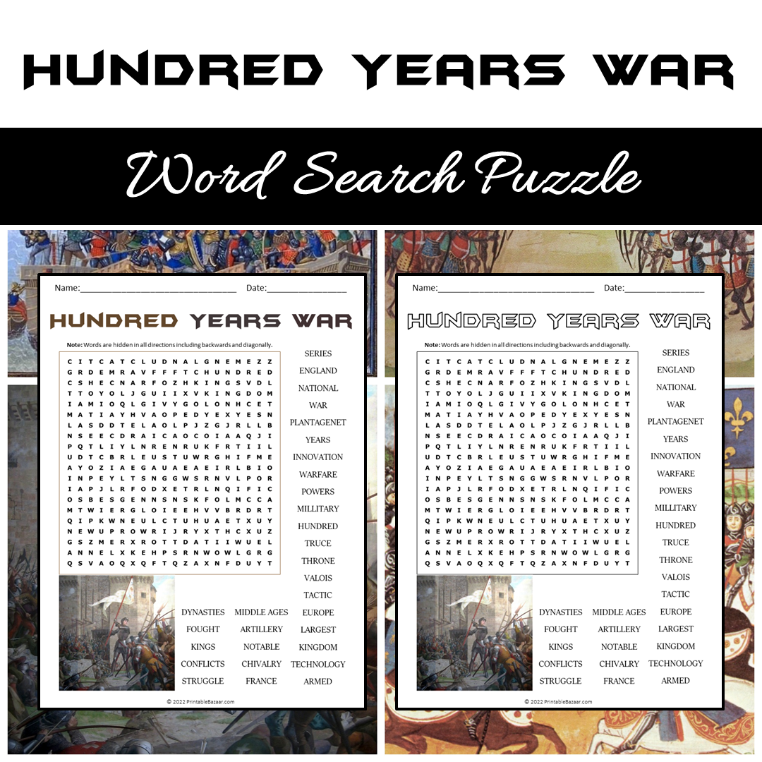 Hundred Years War Word Search Puzzle Worksheet PDF