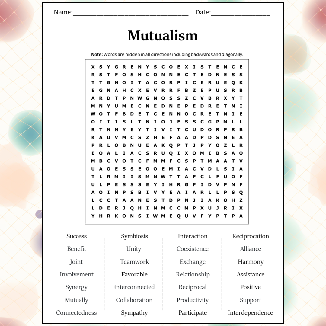 Mutualism Word Search Puzzle Worksheet Activity PDF