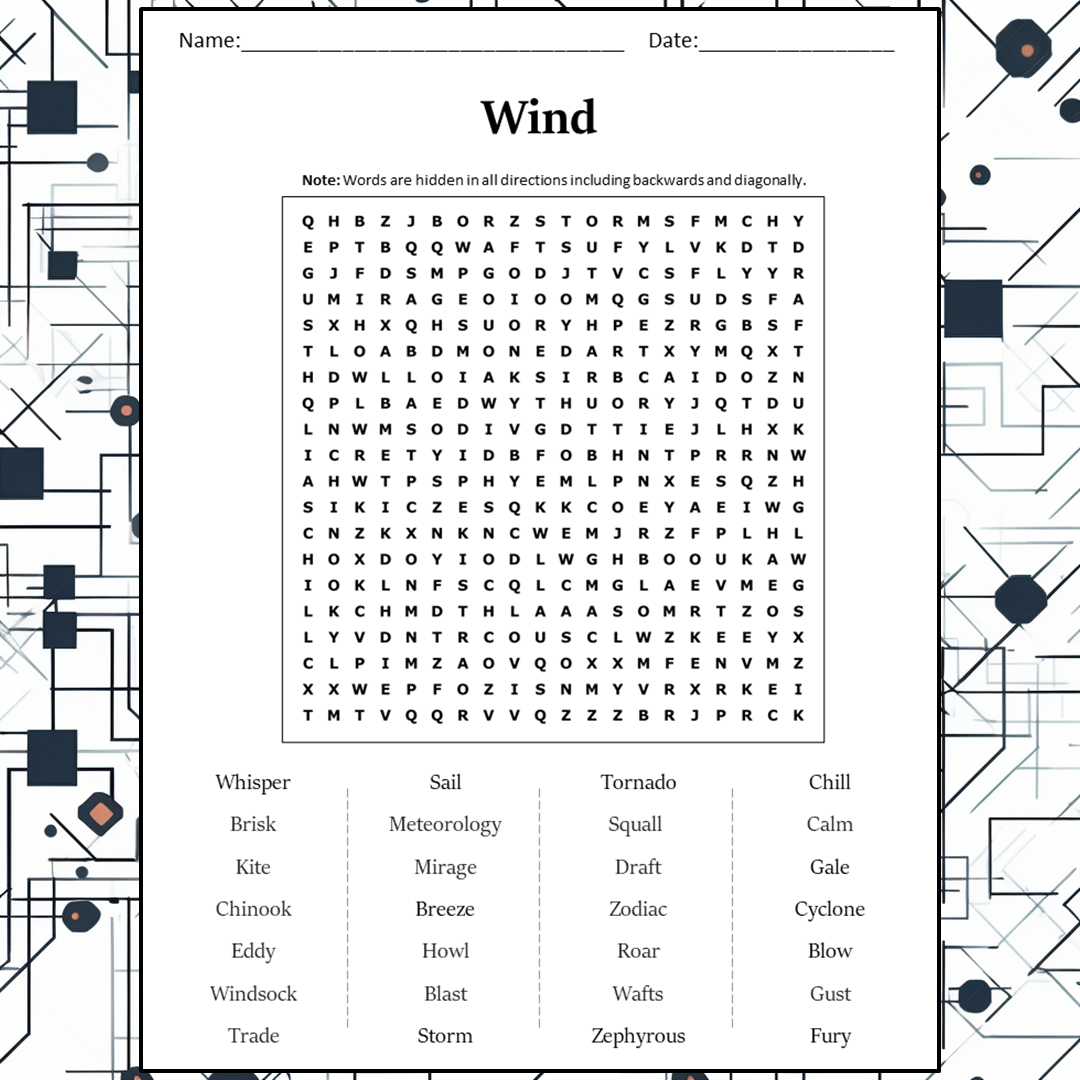 Wind Word Search Puzzle Worksheet Activity PDF