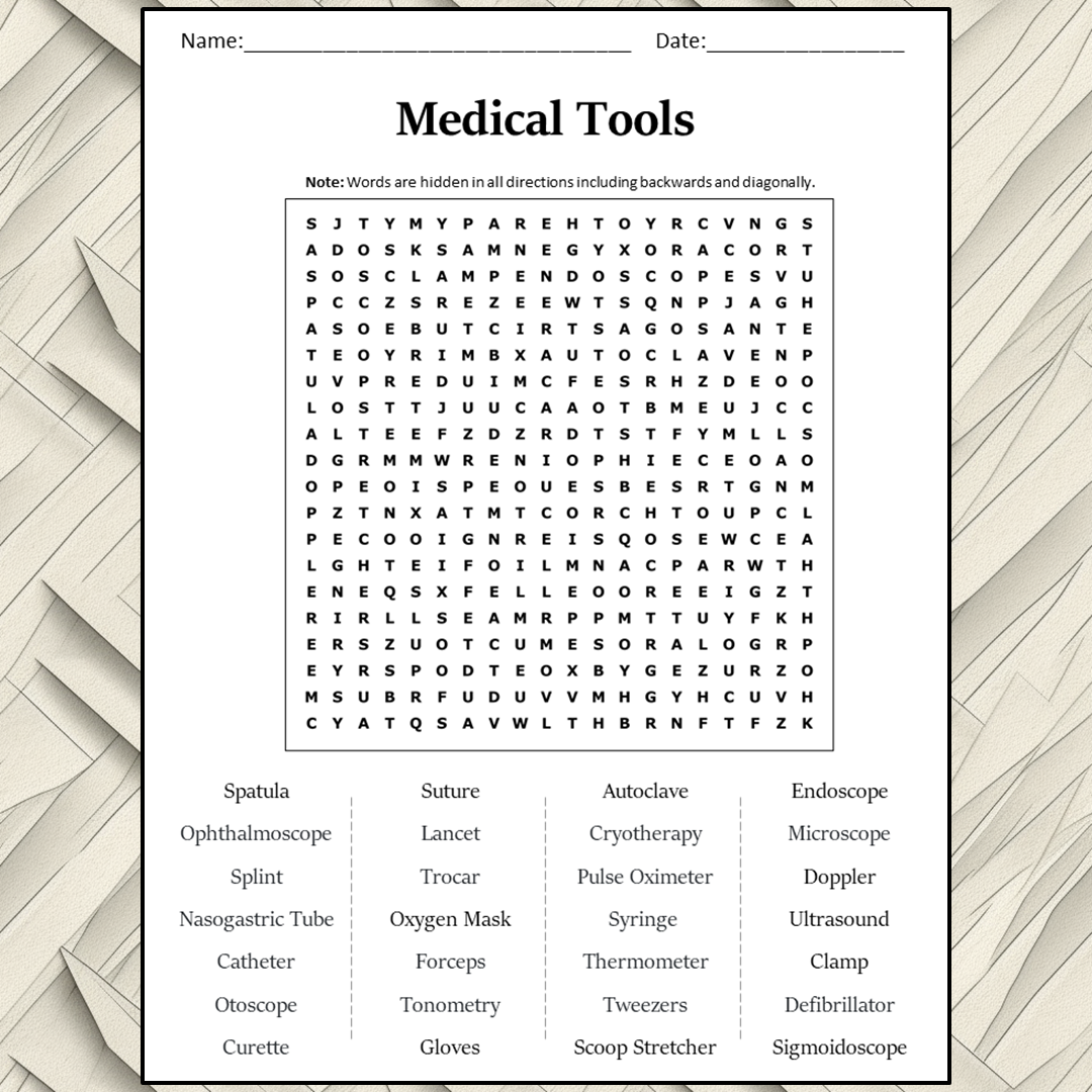 Medical Tools Word Search Puzzle Worksheet Activity PDF