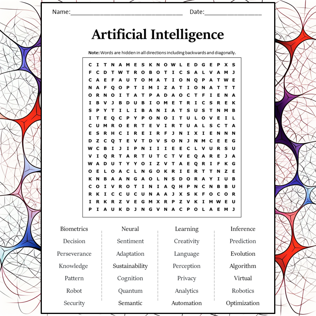 Artificial Intelligence Word Search Puzzle Worksheet Activity PDF