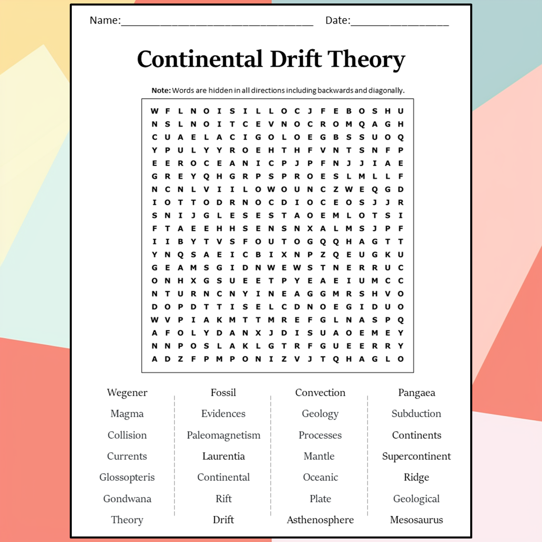 Continental Drift Theory Word Search Puzzle Worksheet Activity PDF