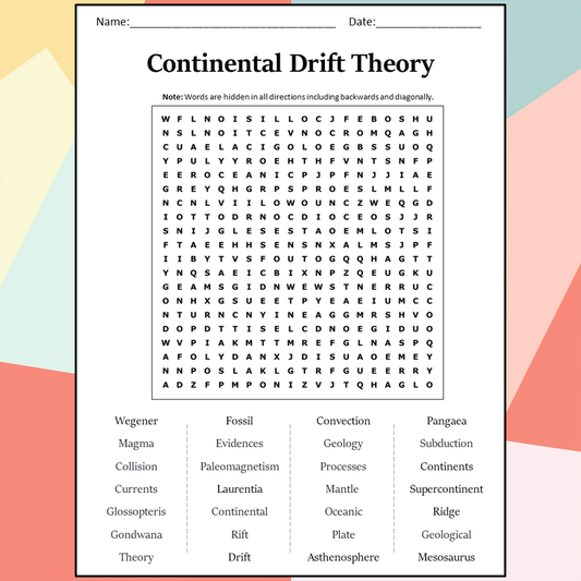 Continental Drift Theory Word Search Puzzle Worksheet Activity PDF