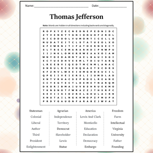 Thomas Jefferson Word Search Puzzle Worksheet Activity PDF