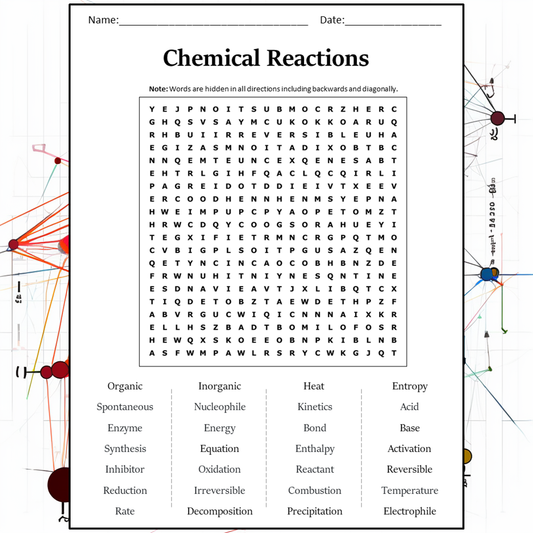 Chemical Reactions Word Search Puzzle Worksheet Activity PDF