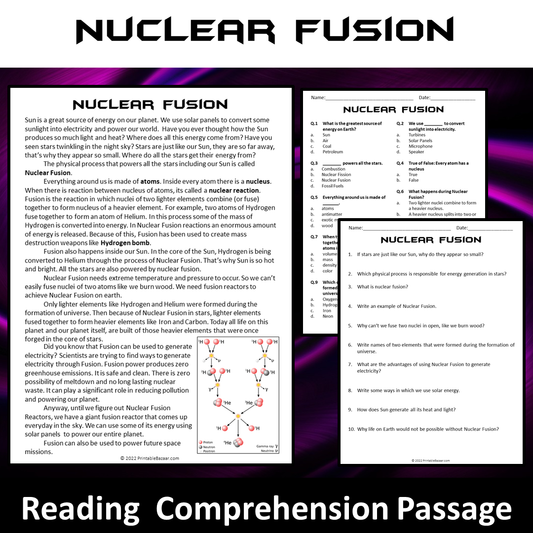 Nuclear Fusion Reading Comprehension Passage and Questions | Printable PDF