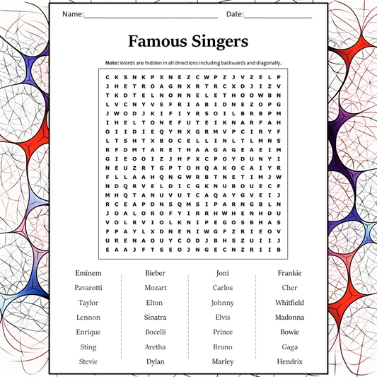 Famous Singers Word Search Puzzle Worksheet Activity PDF