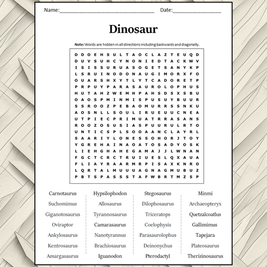 Dinosaur Word Search Puzzle Worksheet Activity PDF