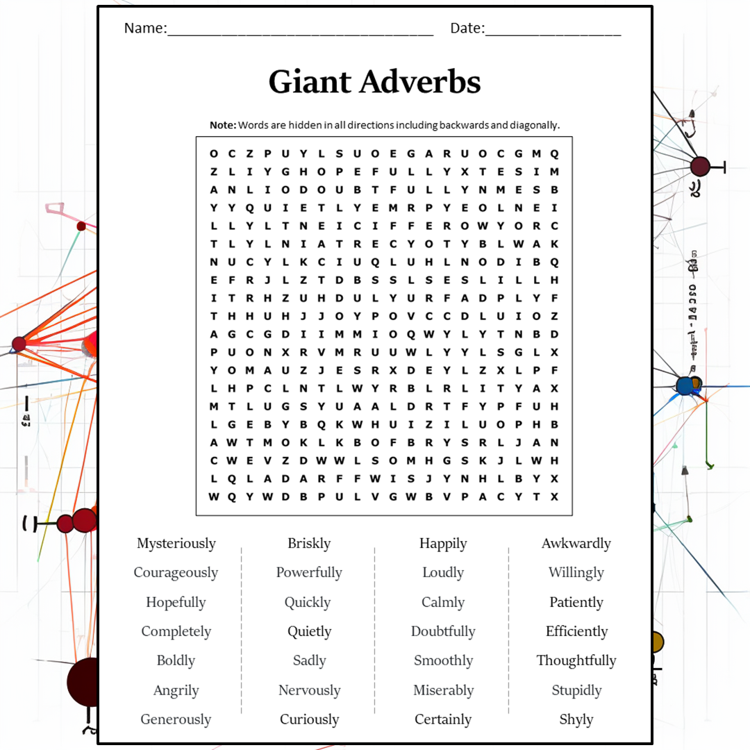 Giant Adverbs Word Search Puzzle Worksheet Activity PDF