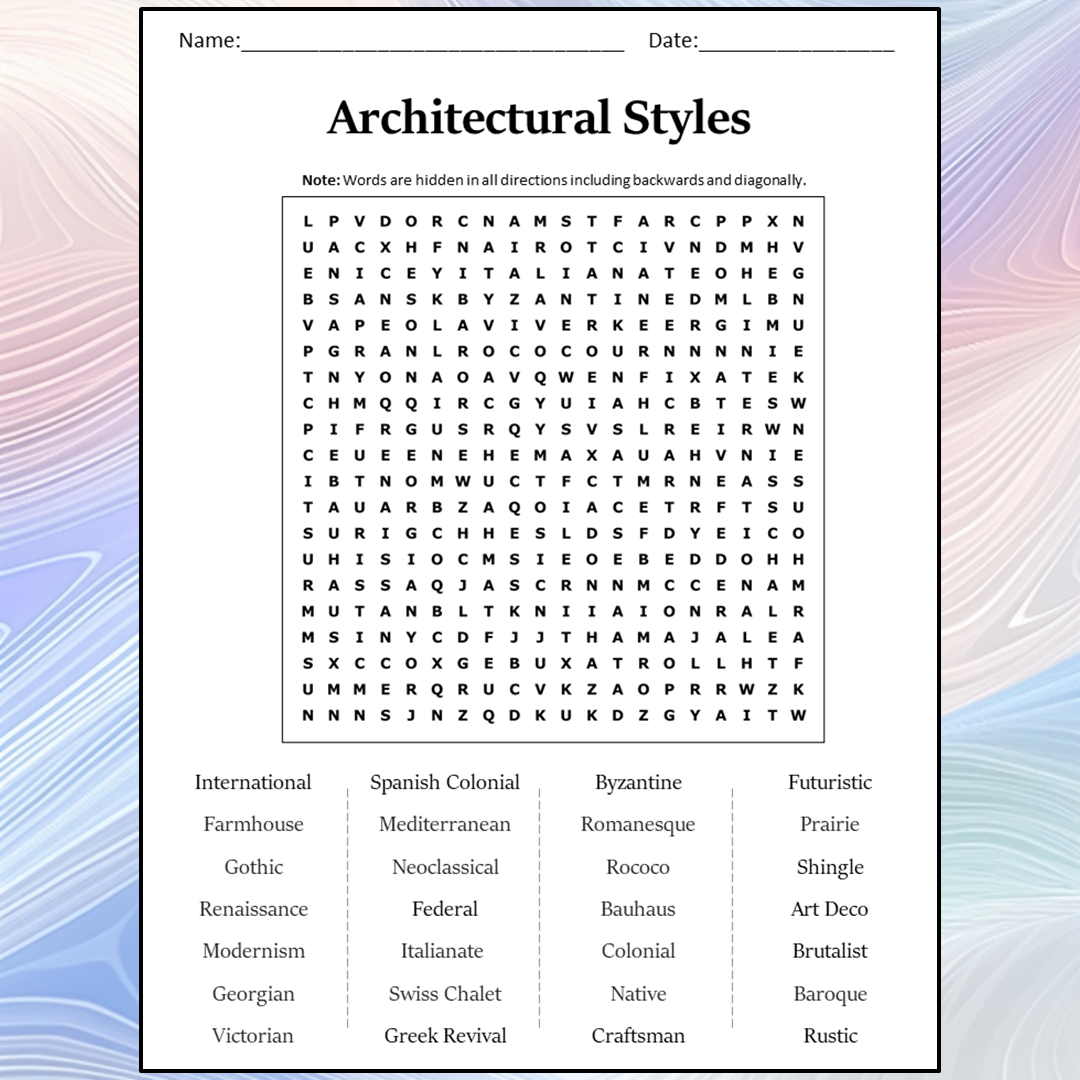 Architectural Styles Word Search Puzzle Worksheet Activity PDF