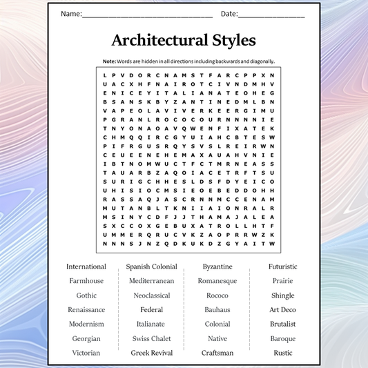 Architectural Styles Word Search Puzzle Worksheet Activity PDF