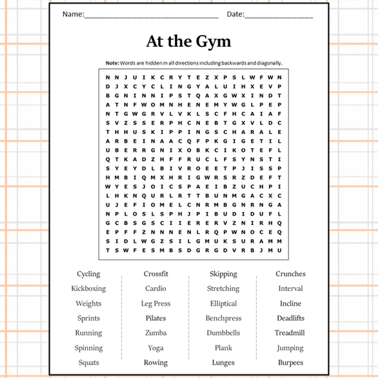 At The Gym Word Search Puzzle Worksheet Activity PDF