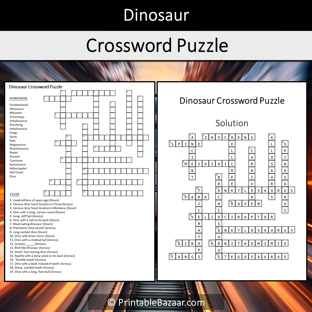 Dinosaur Crossword Puzzle Worksheet Activity Printable PDF