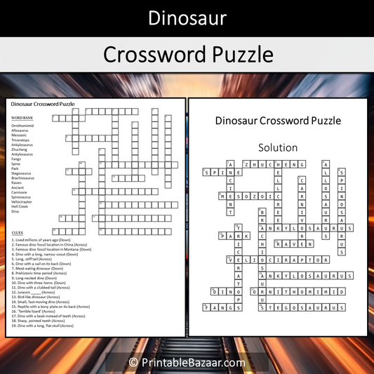 Dinosaur Crossword Puzzle Worksheet Activity Printable PDF