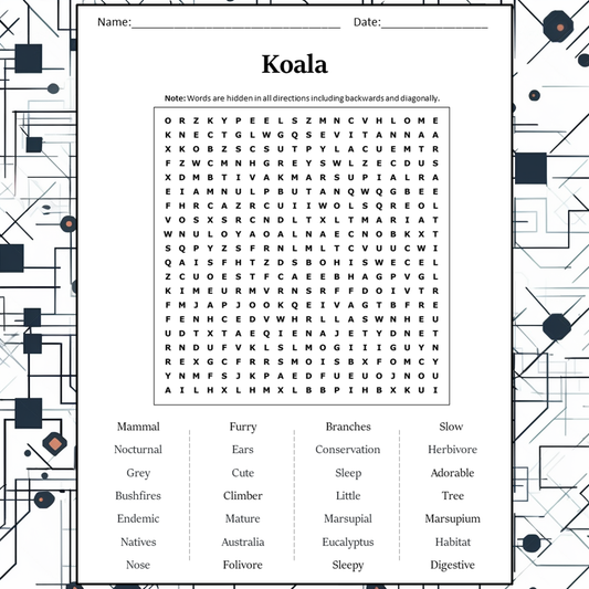 Koala Word Search Puzzle Worksheet Activity PDF