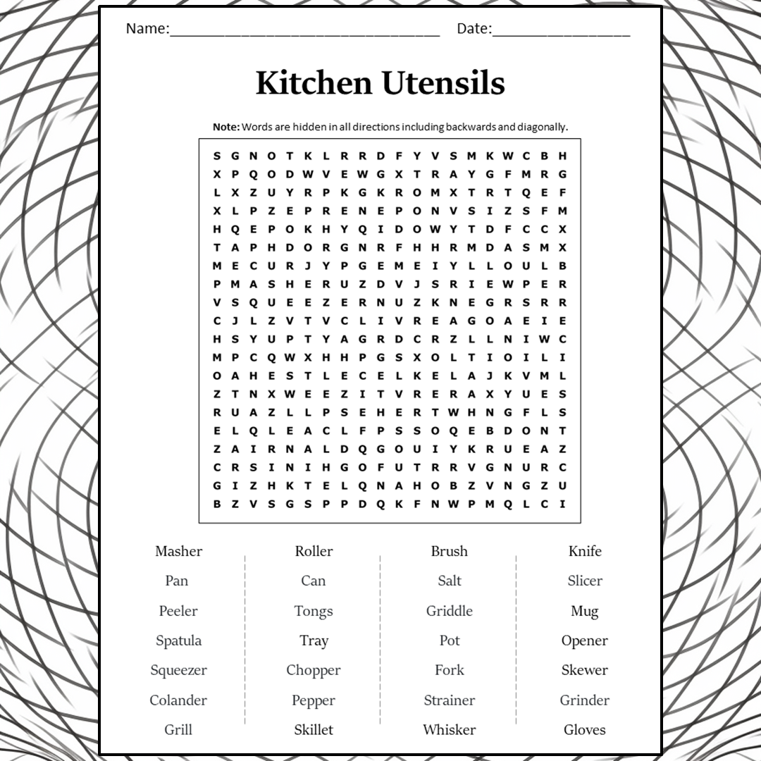 Kitchen Utensils Word Search Puzzle Worksheet Activity PDF