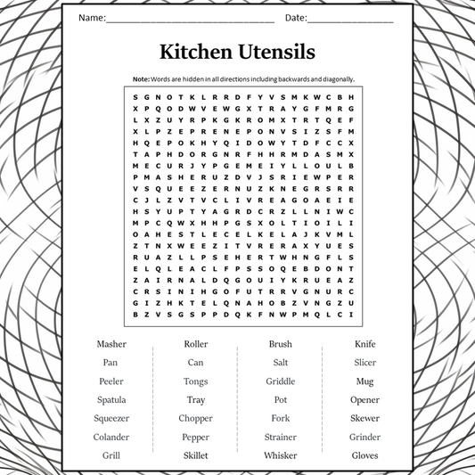 Kitchen Utensils Word Search Puzzle Worksheet Activity PDF