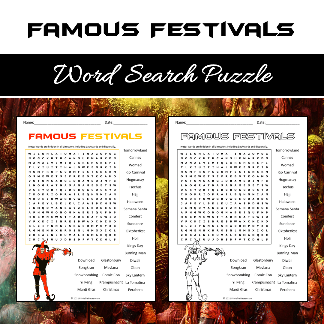 Famous Festivals Word Search Puzzle Worksheet PDF