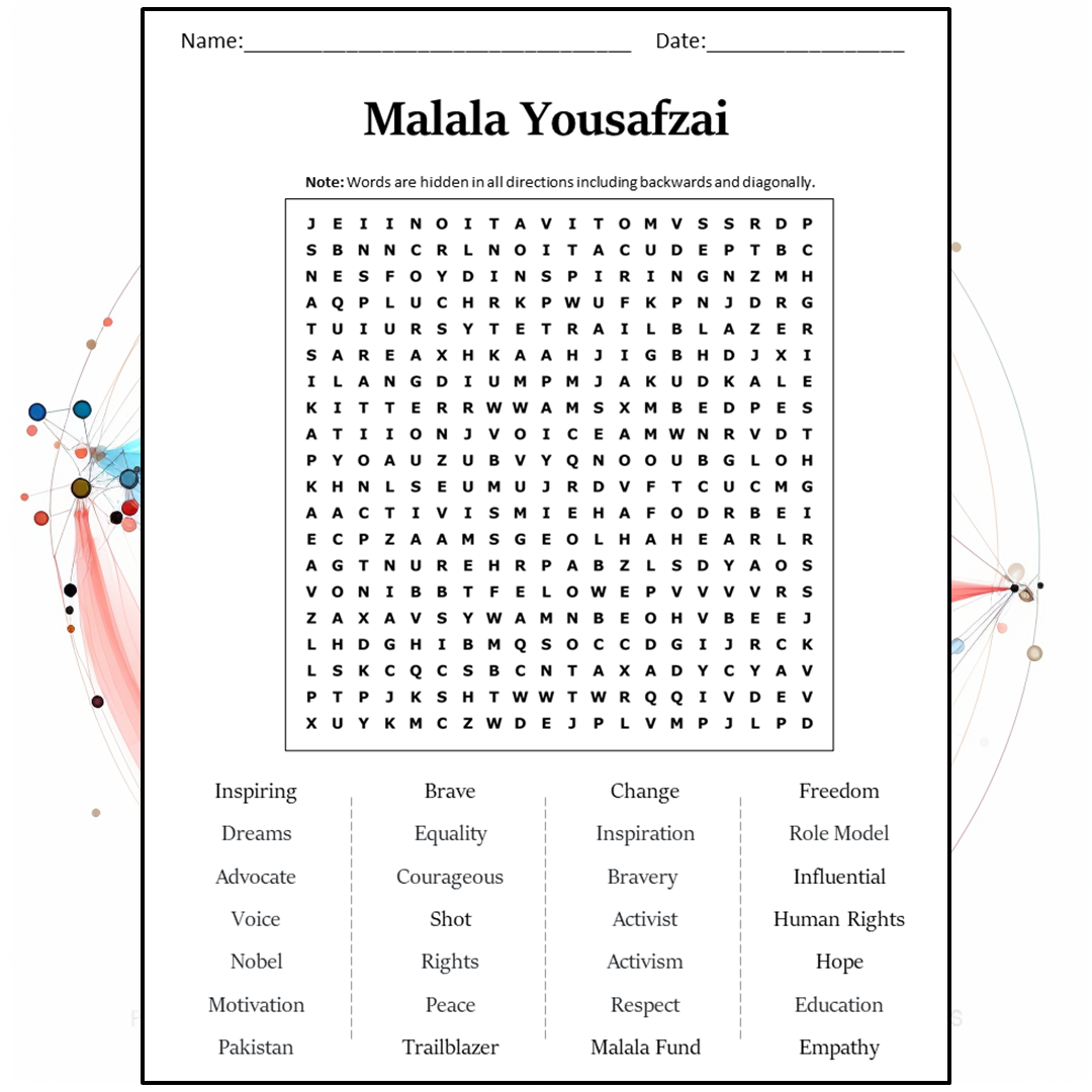 Malala Yousafzai Word Search Puzzle Worksheet Activity PDF