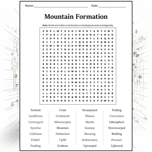 Mountain Formation Word Search Puzzle Worksheet Activity PDF