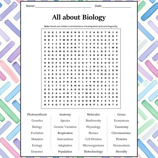 All About Biology Word Search Puzzle Worksheet Activity PDF