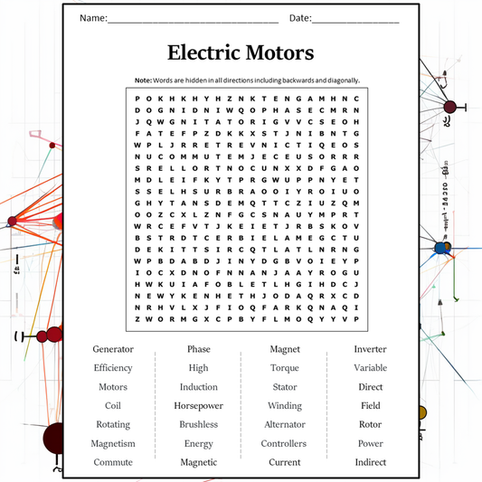 Electric Motors Word Search Puzzle Worksheet Activity PDF