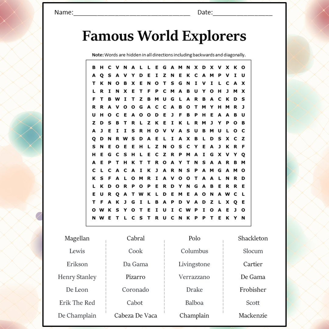 Famous World Explorers Word Search Puzzle Worksheet Activity PDF