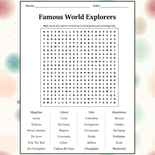 Famous World Explorers Word Search Puzzle Worksheet Activity PDF