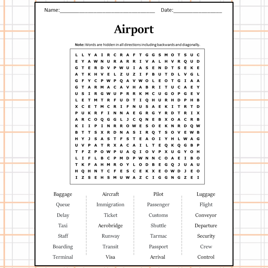 Airport Word Search Puzzle Worksheet Activity PDF – PrintableBazaar