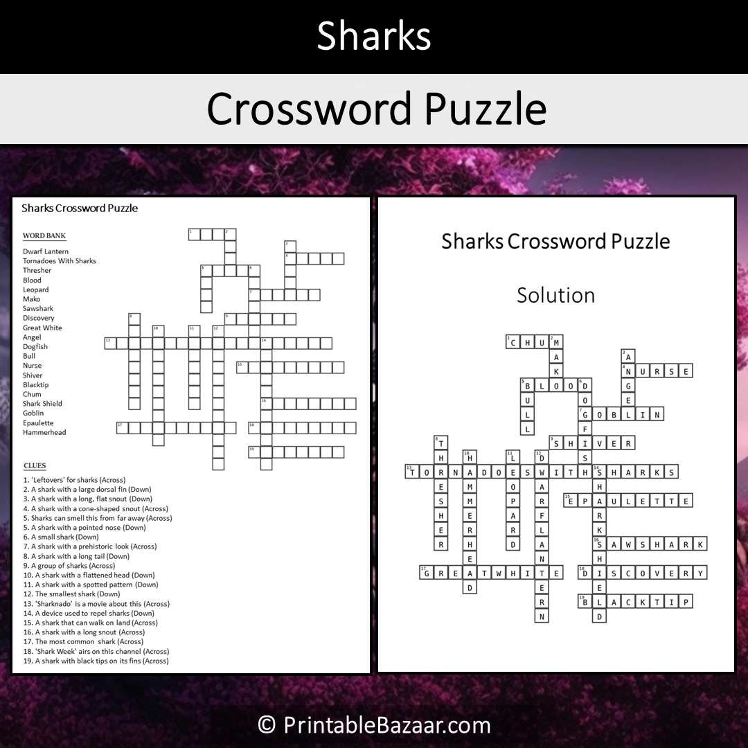 Sharks Crossword Puzzle Worksheet Activity Printable PDF