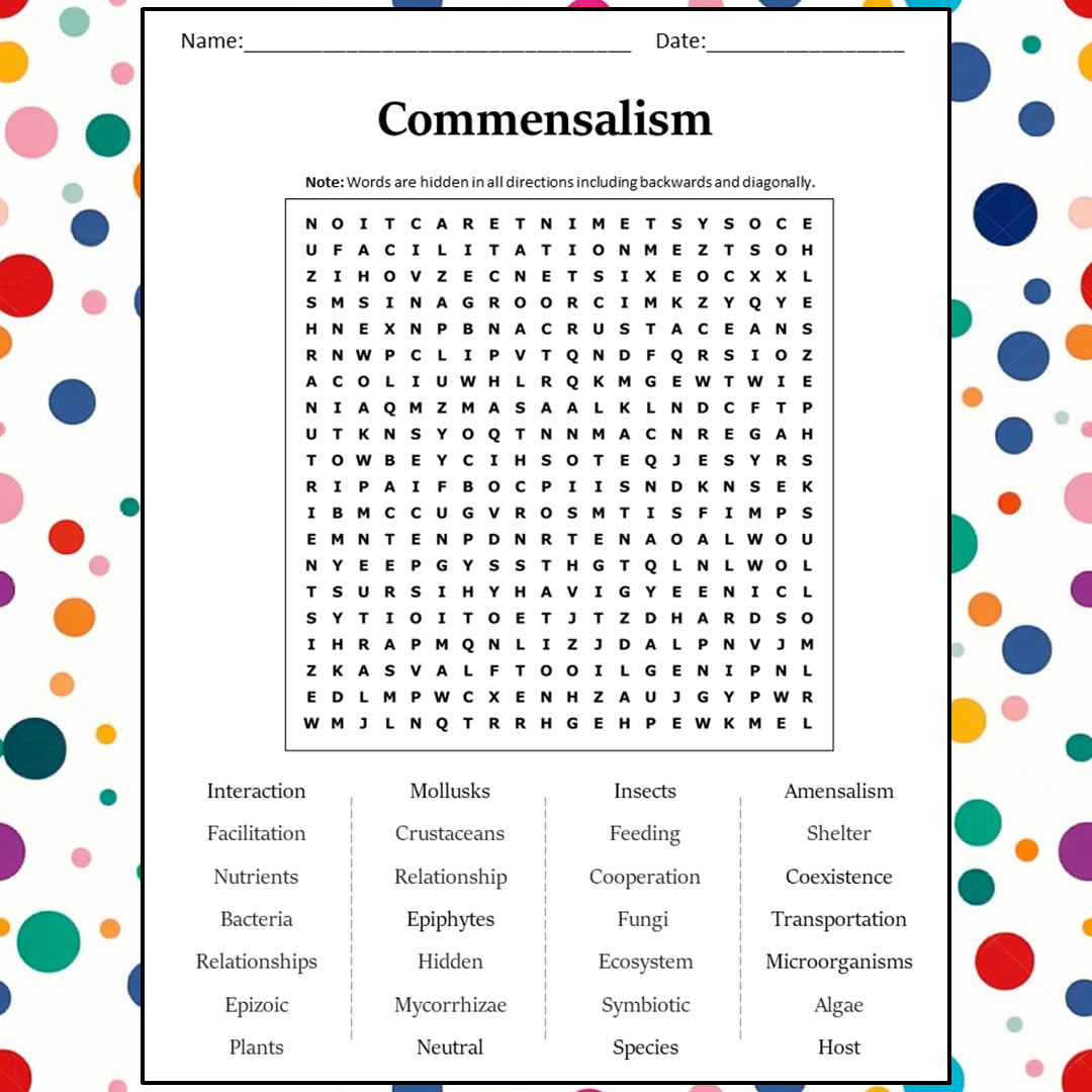 Commensalism Word Search Puzzle Worksheet Activity PDF