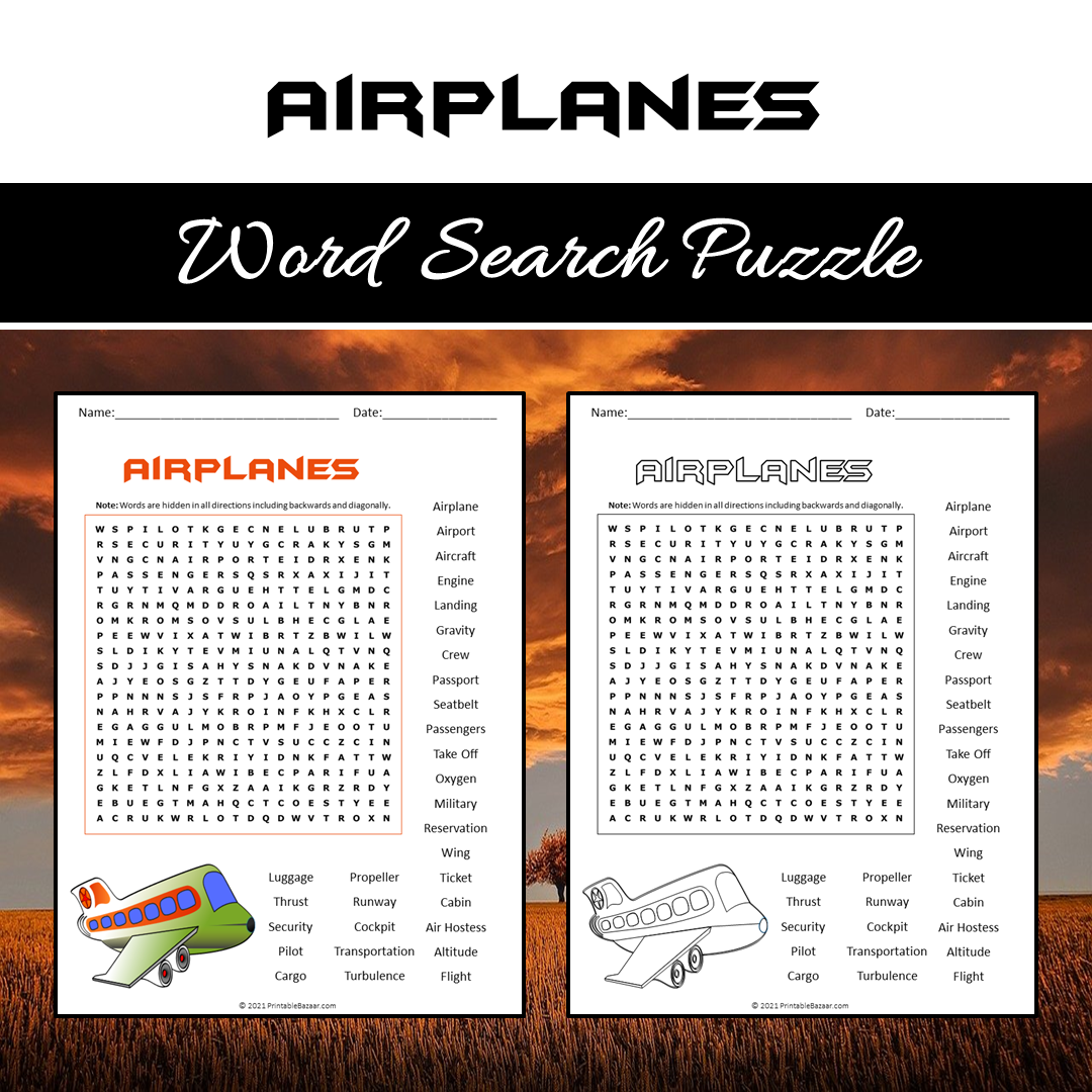 Airplanes Word Search Puzzle Worksheet PDF