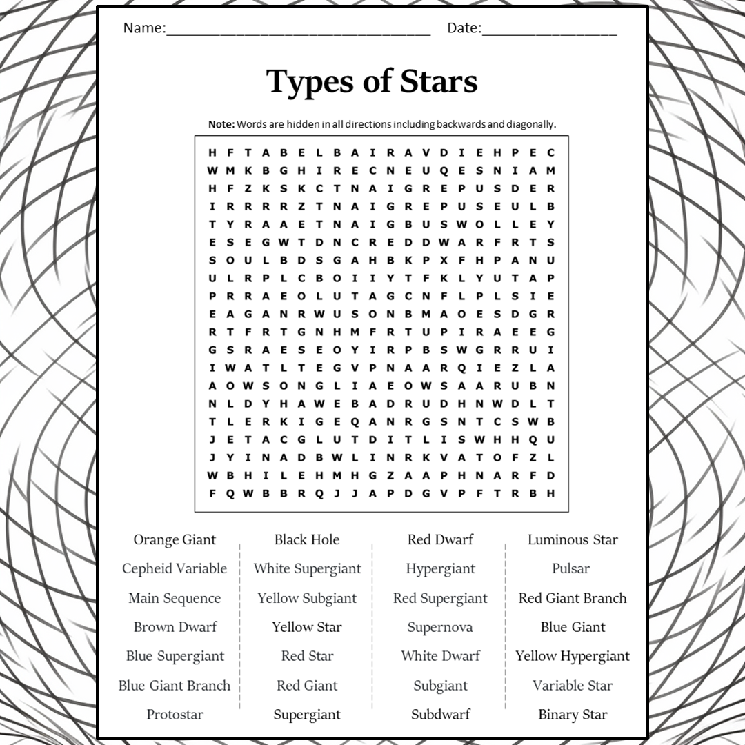 Types Of Stars Word Search Puzzle Worksheet Activity PDF