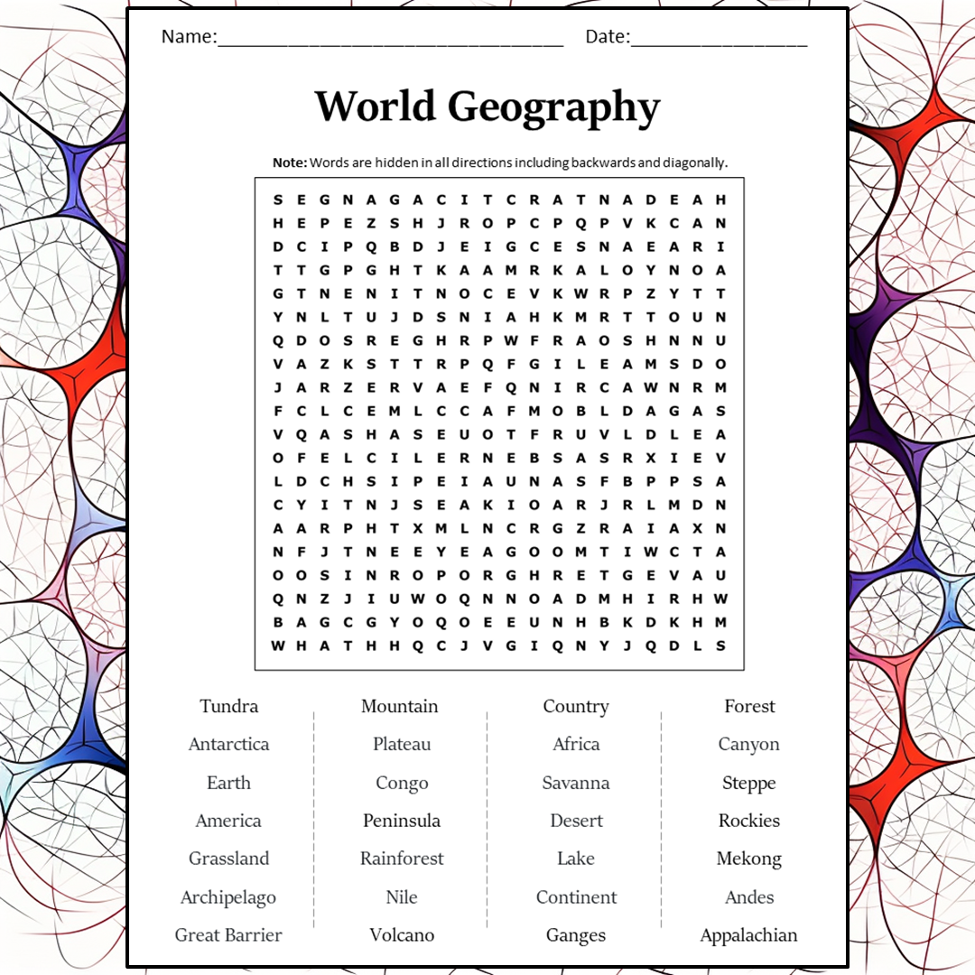 World Geography Word Search Puzzle Worksheet Activity PDF