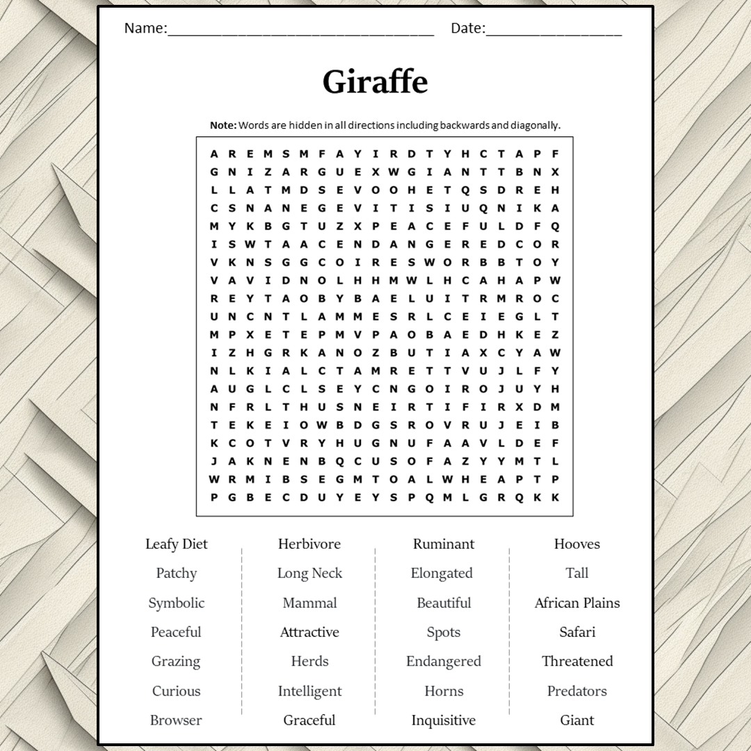 Giraffe Word Search Puzzle Worksheet Activity PDF