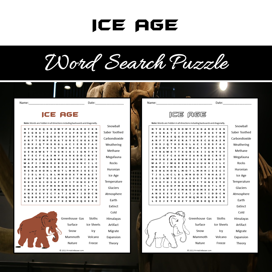 Ice Age Word Search Puzzle Worksheet PDF