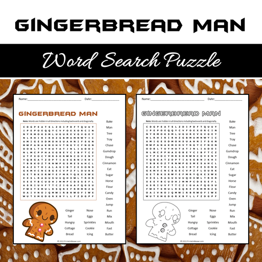 Gingerbread Man Word Search Puzzle Worksheet PDF