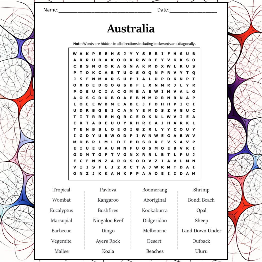 Australia Word Search Puzzle Worksheet Activity PDF