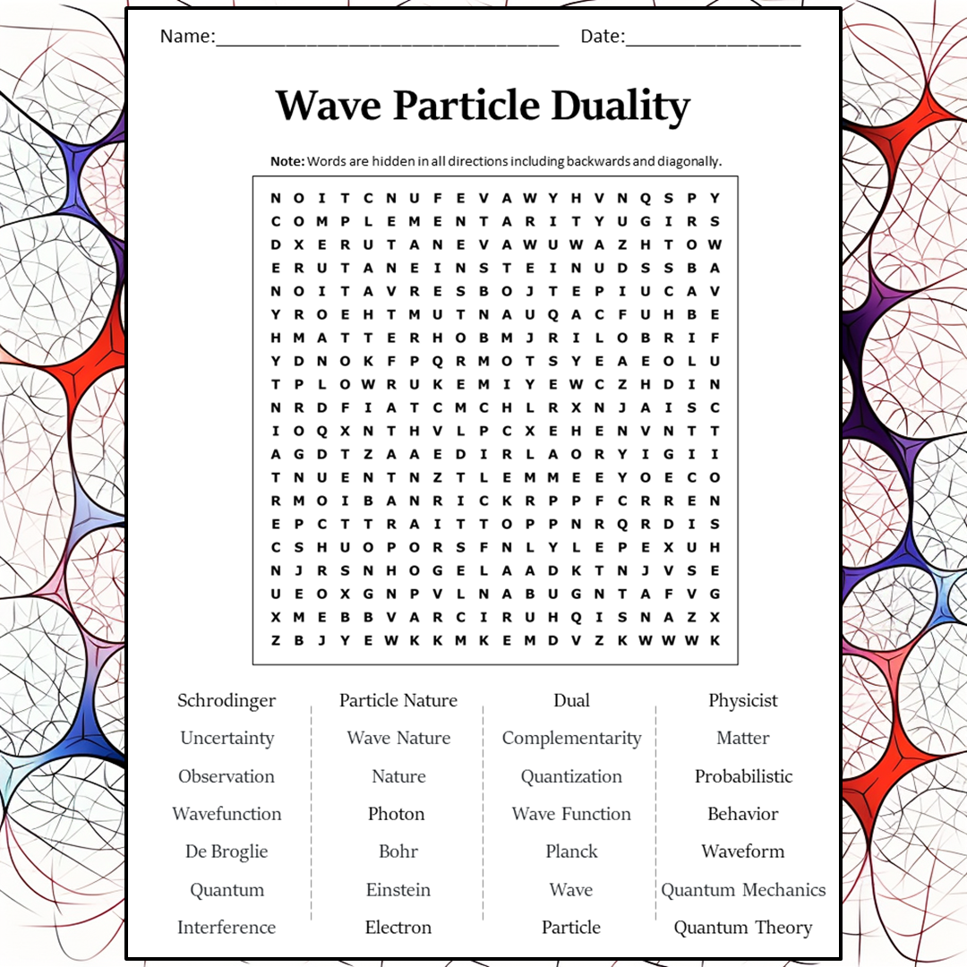 Wave Particle Duality Word Search Puzzle Worksheet Activity PDF