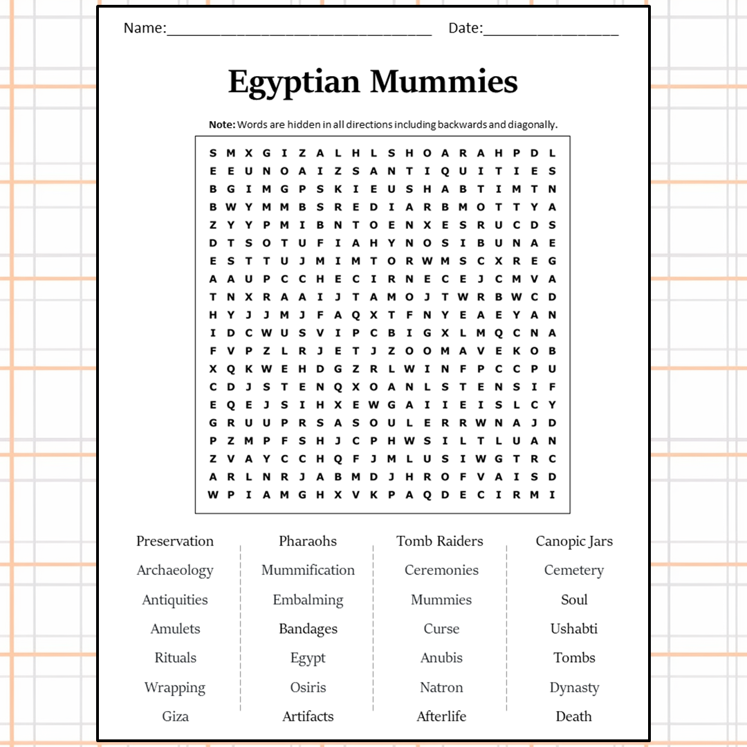 Egyptian Mummies Word Search Puzzle Worksheet Activity PDF