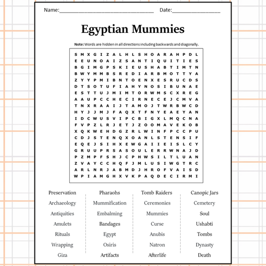 Egyptian Mummies Word Search Puzzle Worksheet Activity PDF